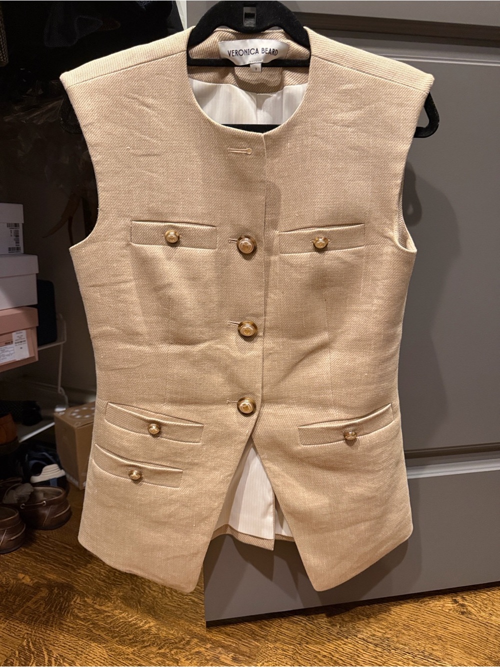 Veronica Beard Cream Textured Sleeveless Military-Style Vest with Gold Buttons - Picture 2 of 2